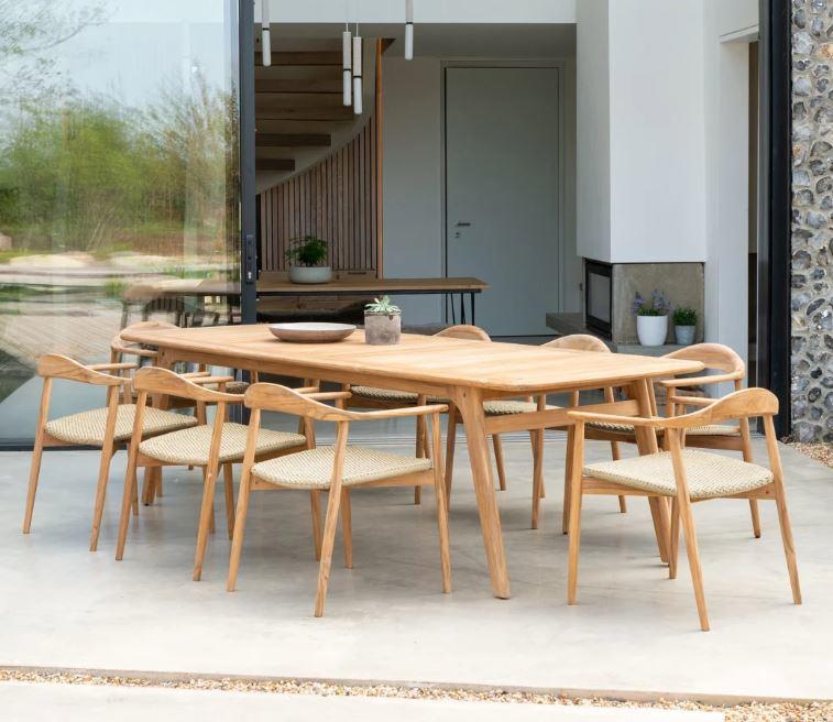 high grade hardwood teak patio garden dining table and 8 chairs with all weather rope weave seat