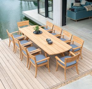 large solid teak garden dining table 3 m long and 10 teak garden dining chairs with all weather cushions