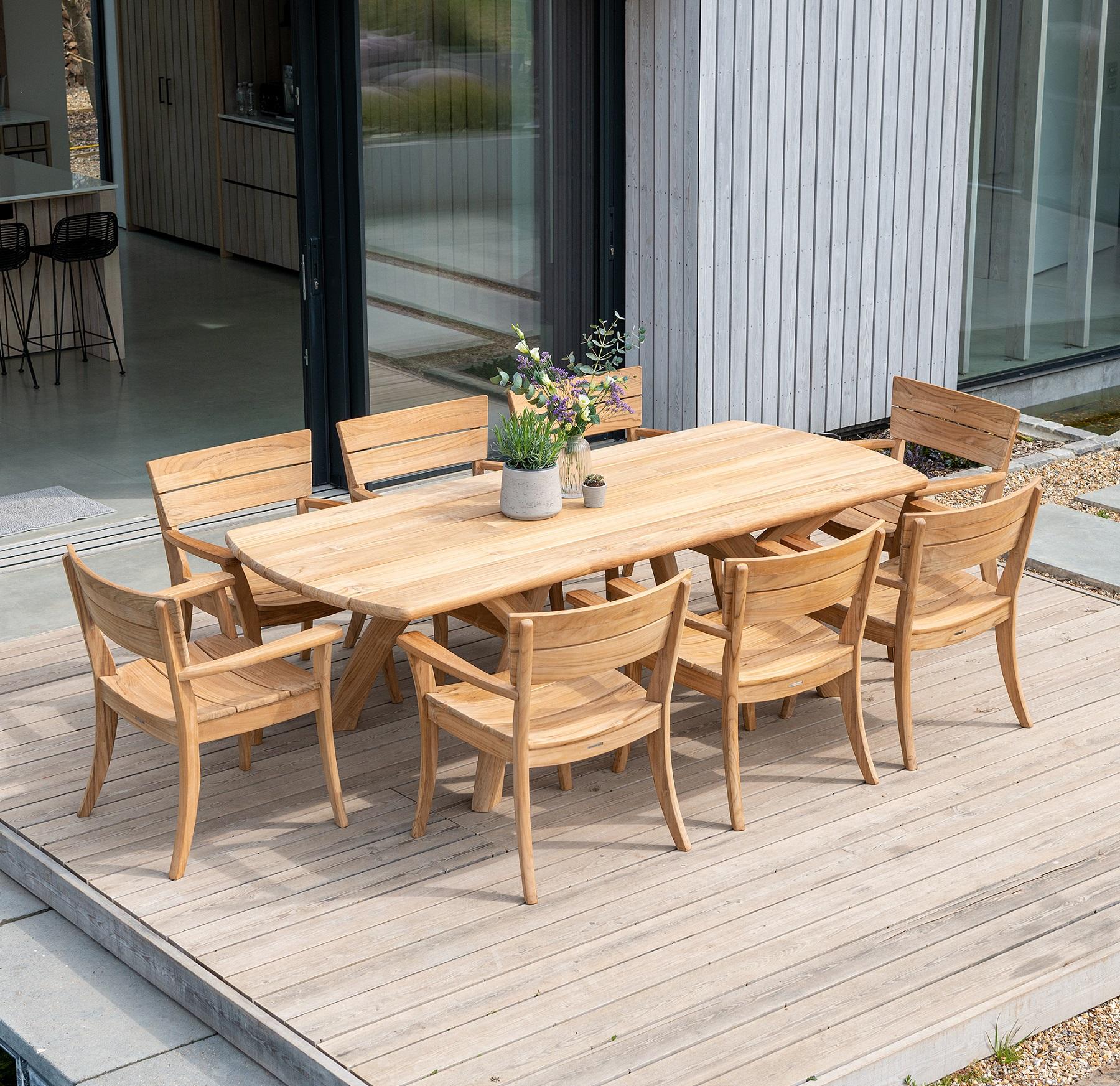 modern solid teak garden dining table and 8 dining chairs with all weather cushions
