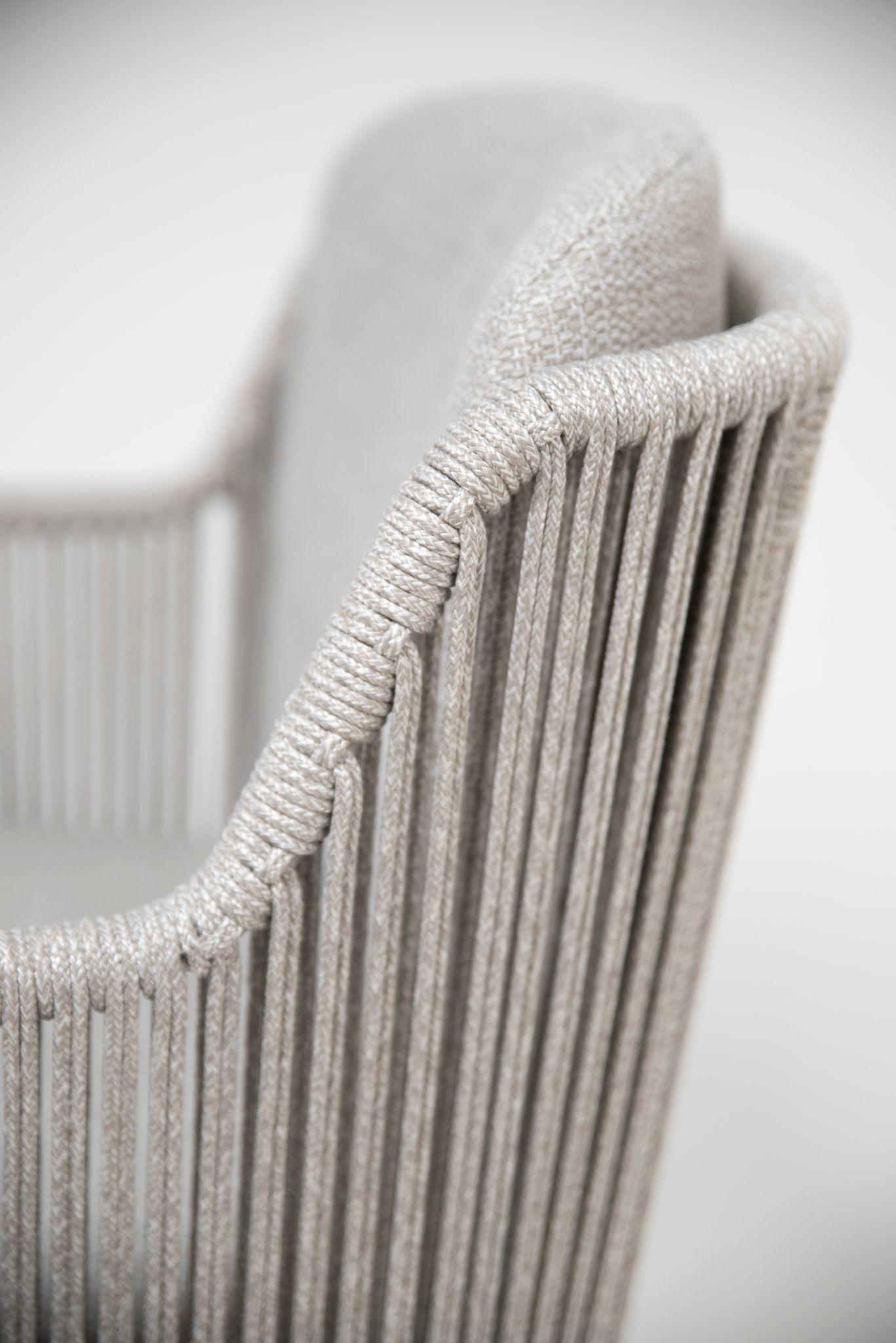 garden dining chair in modern light grey linear rope weave over aluminium frames with all weather cushions
