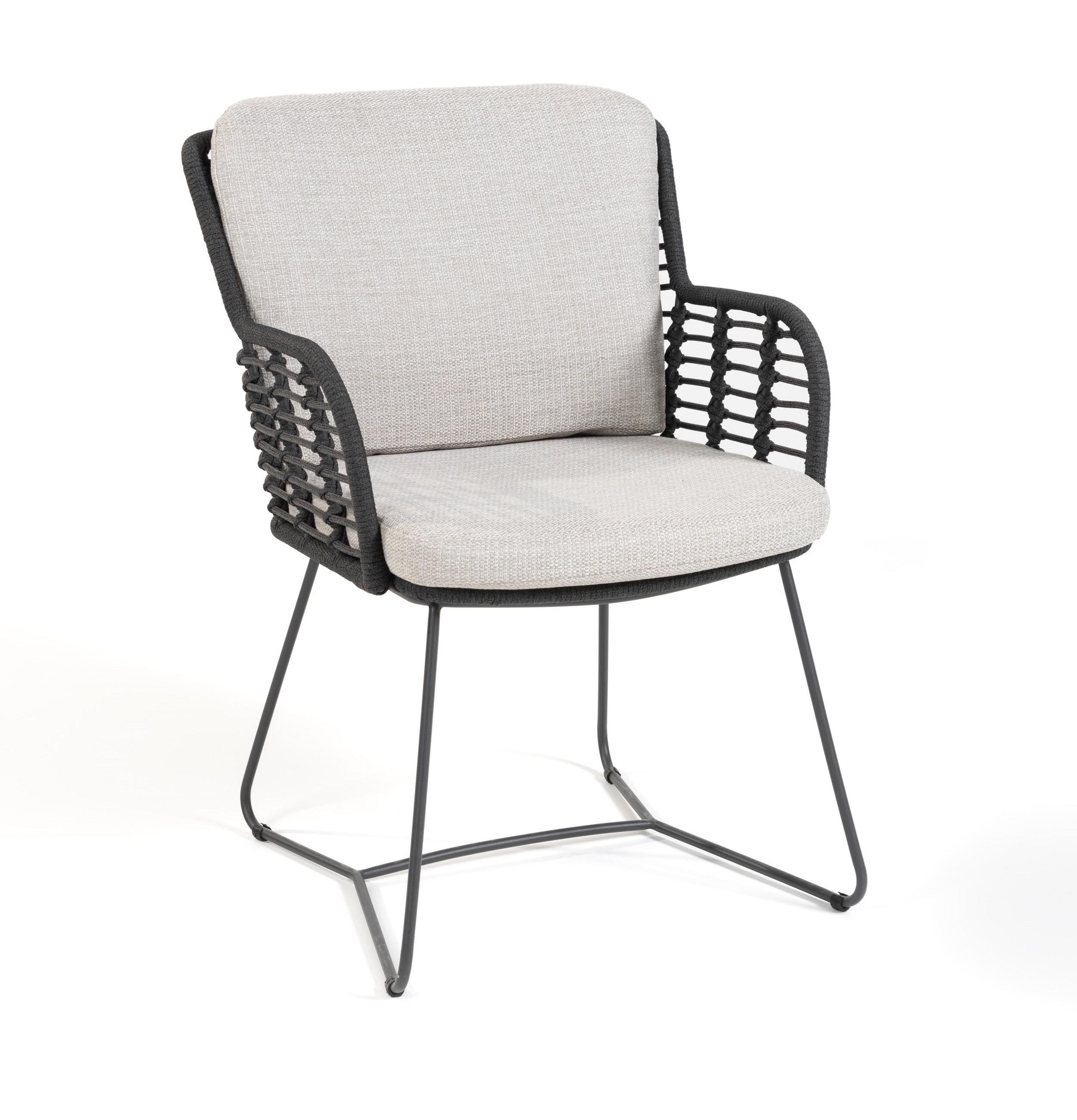 modern rope weave garden dining chair with all weather light grey cushions cut out