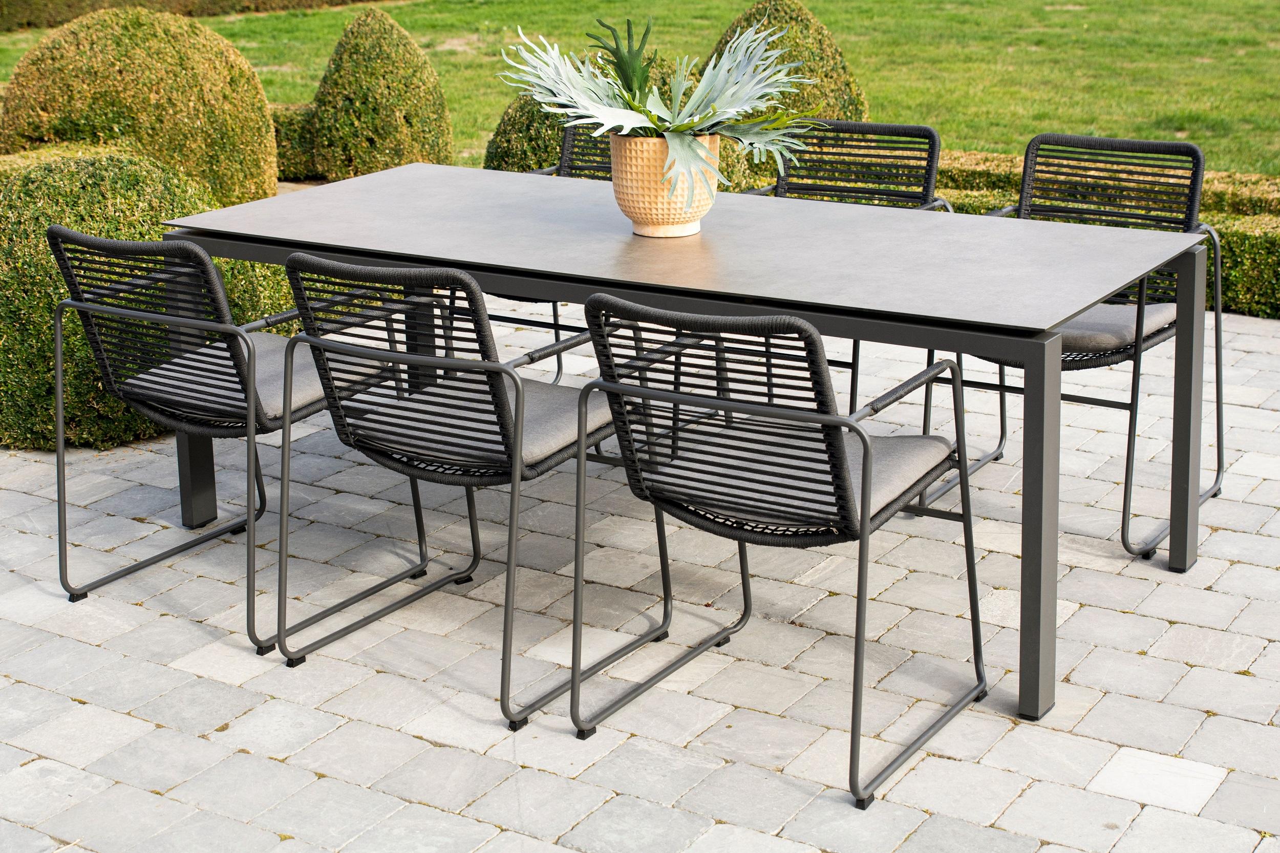 rope weave and aluminium patio garden dining set for 6 with HPL table and rope weave garden dining chairs all weather cushions