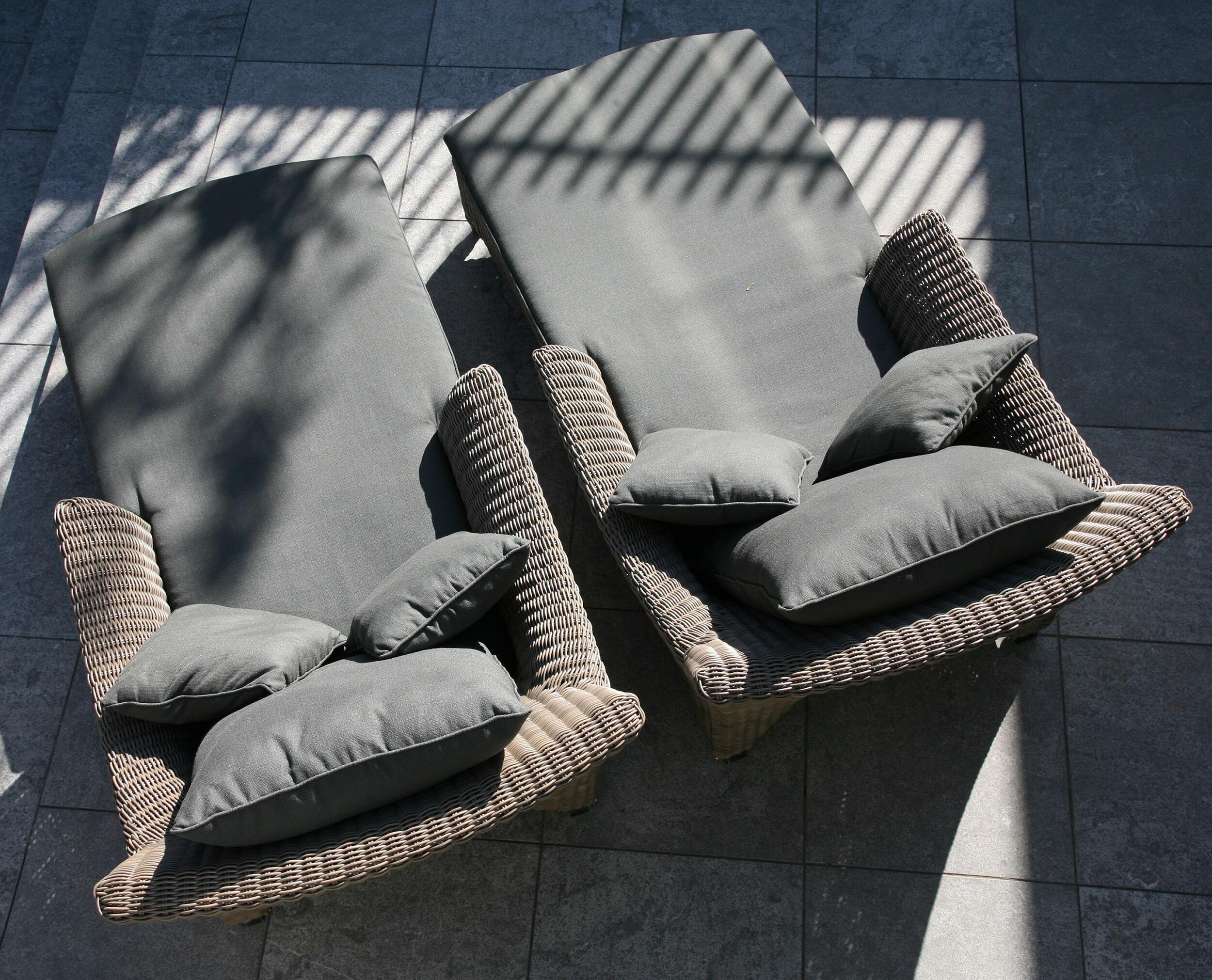 garden sun lounger or single daybed in stone modern wicker rattan weave with grey cushions
