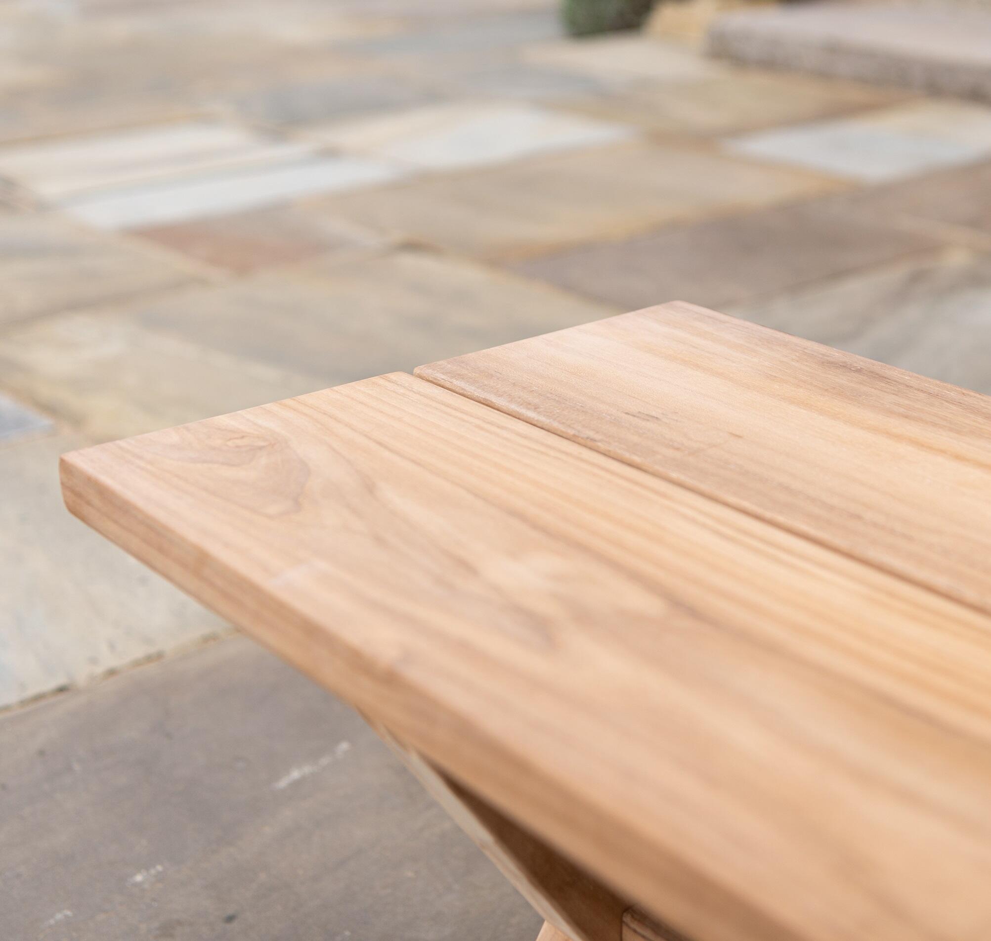 teak garden bench plank top hardwood detail outdoor patio seating