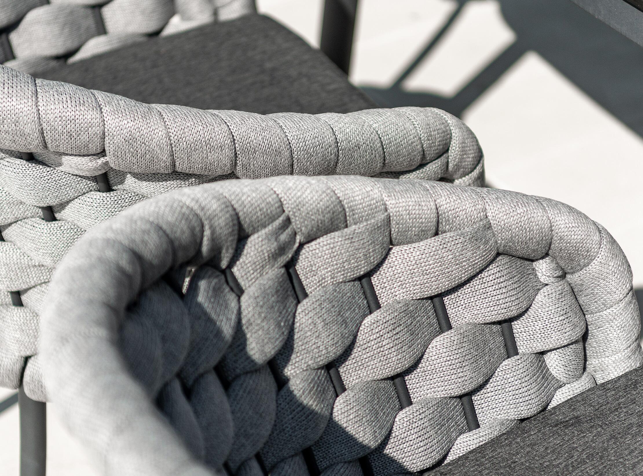 detail of chunky soft feel grey rope weave luxe garden armchairs