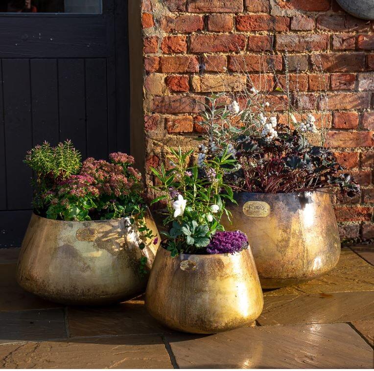 aged zinc metal garden planters set with brass effect finish