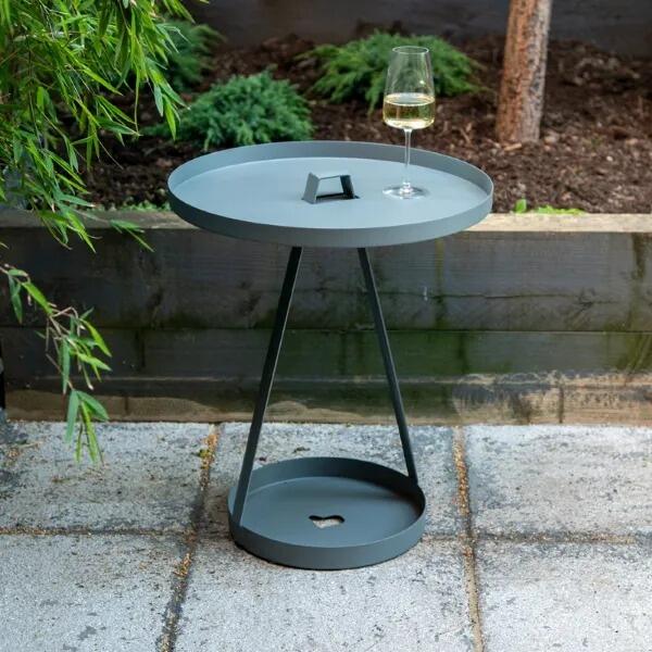 grey aluminium metal garden outdoor tray table with optional outdoor bulb light