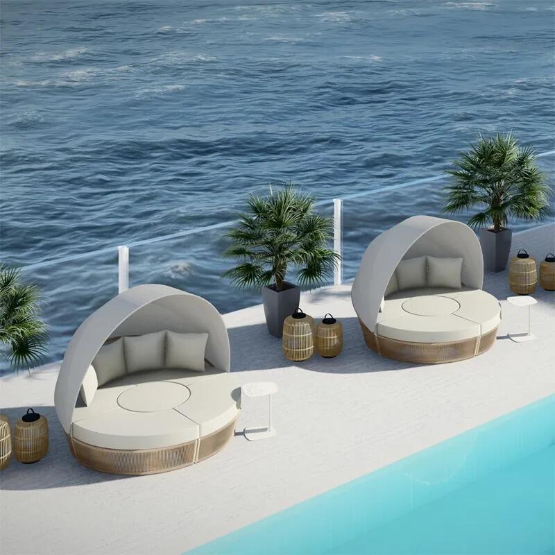 modern round all weather wicker garden daybed in sand and ivory with all weather cushions