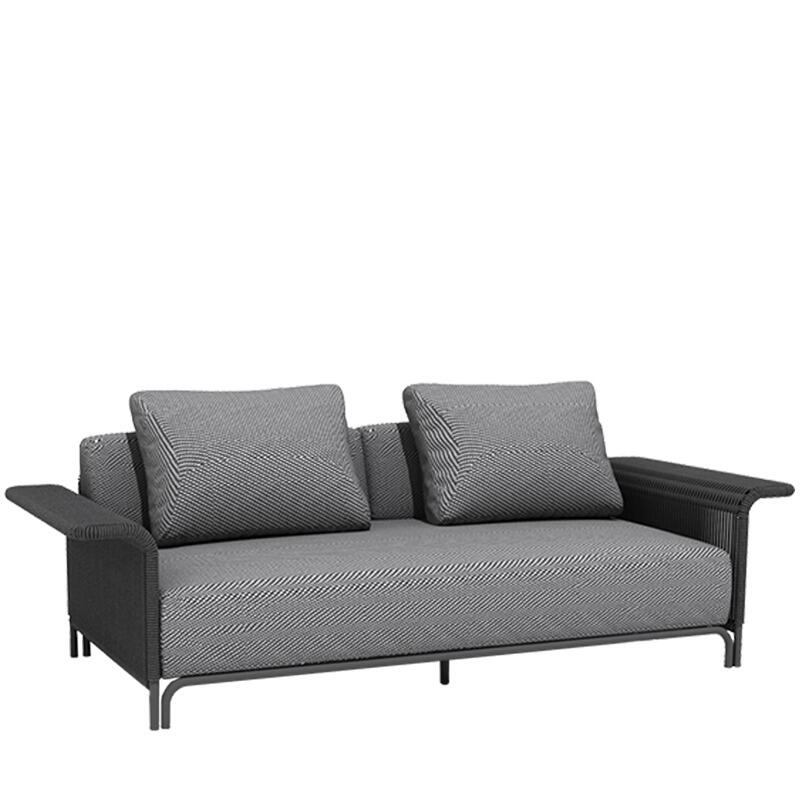 2 seater garden sofa modern lounge outdoor furniture linear rattan weave and grey all weather cushions