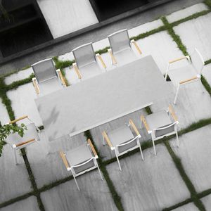 ceramic extending garden dining table aluminium metal and sling all weather outdoor dining chairs grey charcoal aspen linear