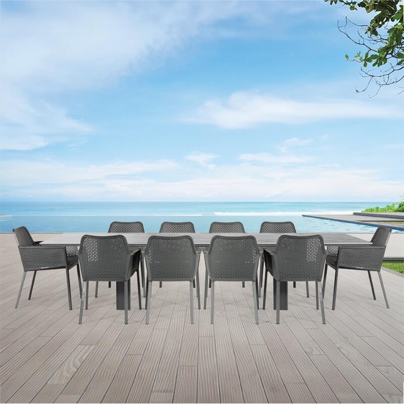 garden dining set modern extending table aluminium ceramic grey with alu mesh dining chairs