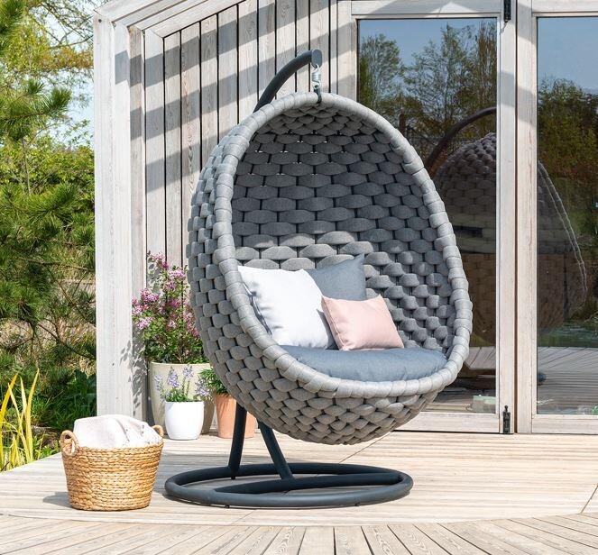 all weather rope garden hanging chair and cushions in dark and light grey cordial luxe lucy