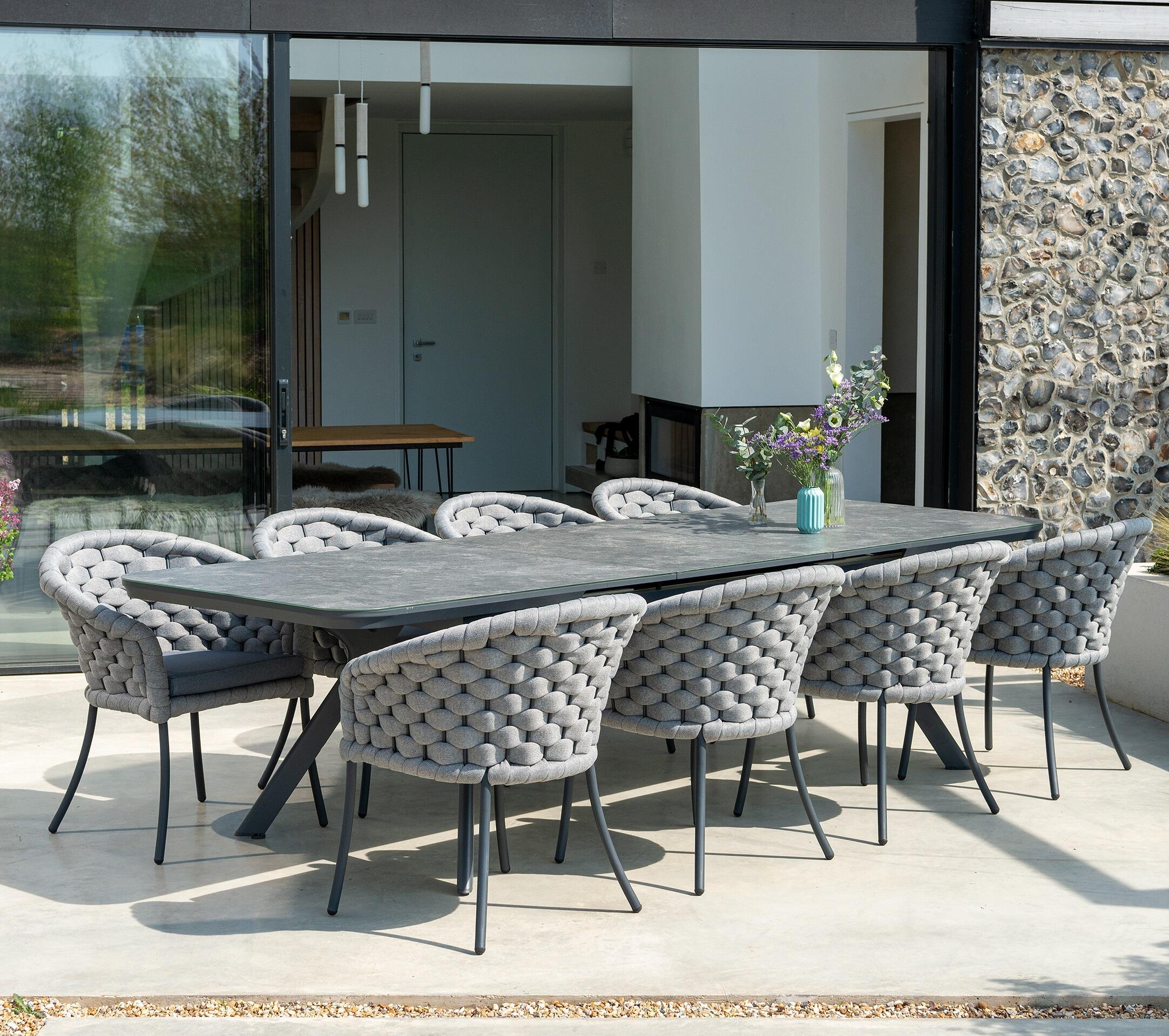 extending table for garden patios use 8 seater wide rope weave garden dining chairs light grey