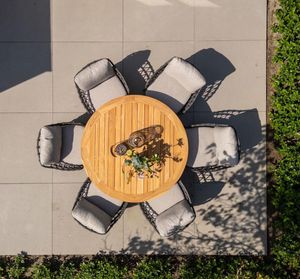 teak garden dining table and grey all weather rope dining chairs cushions calpi prado