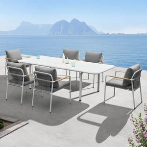6 seater garden patio dining set aluminium all weather rope weave and cushions white modern outdoor furniture