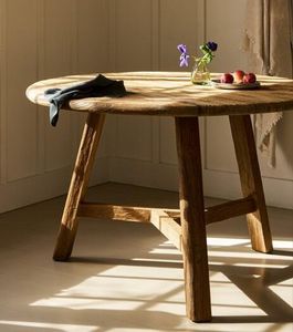 round garden dining table reclaimed teak wood rustic modern outdoor indoor patio furniture hawthorne