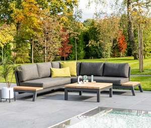 smaller corner garden lounge furniture set L shape with weatherproof cushions in grey