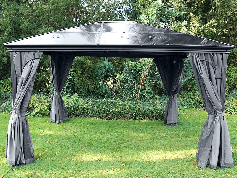 large 4 x 3 m grey garden gazebo with polycarbonate roof and grey curtains