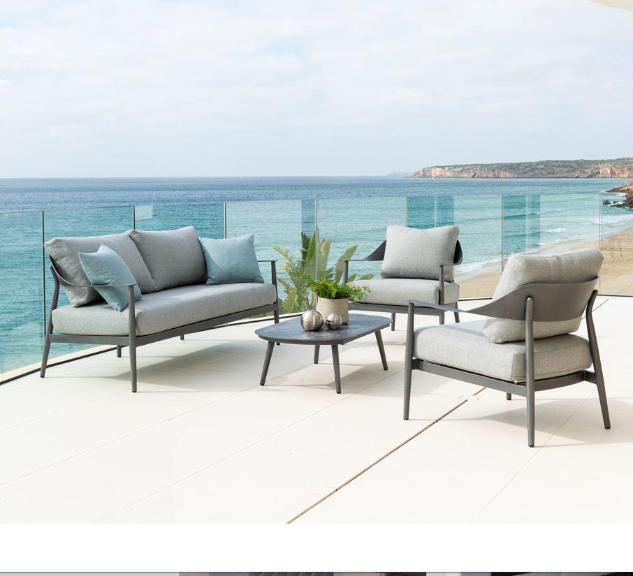 garden lounge sofa and armchairs set modern all weather grey fabric cushions and dark grey powder coated aluminium frames