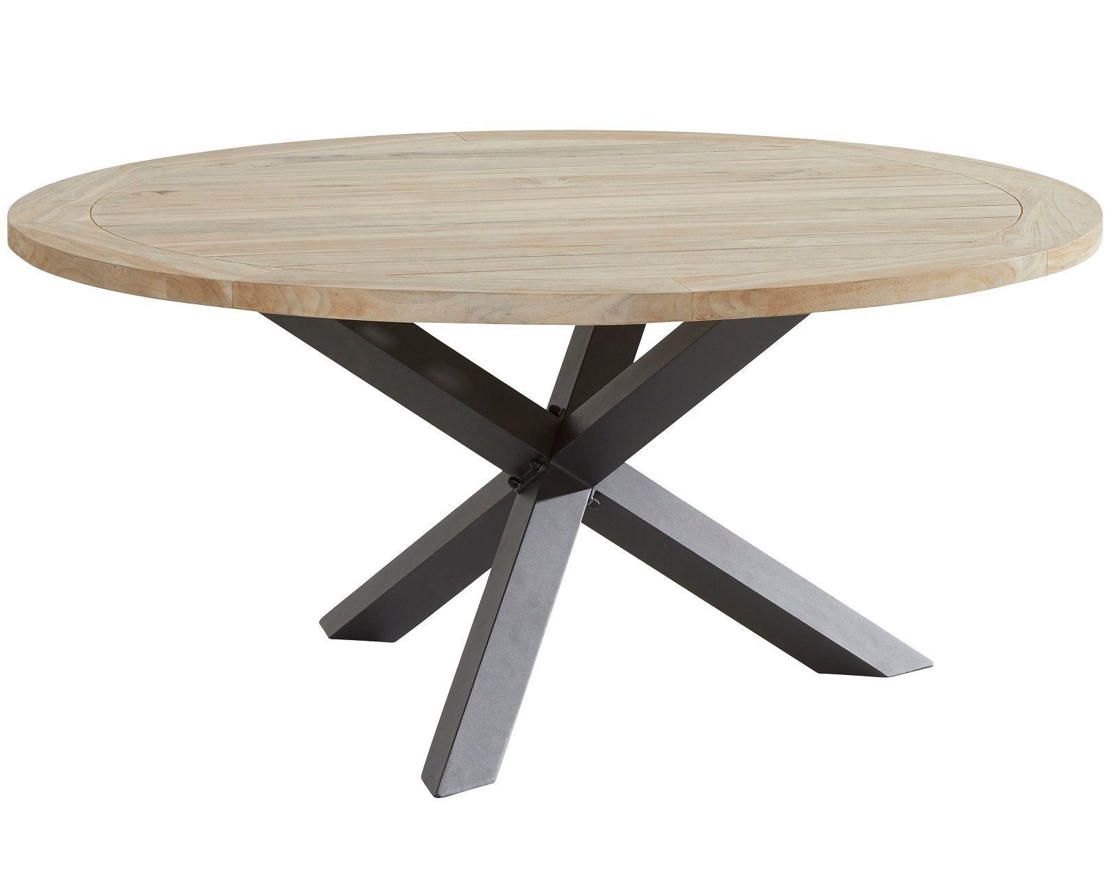 round teak garden dining table with grey aluminium tripod legs