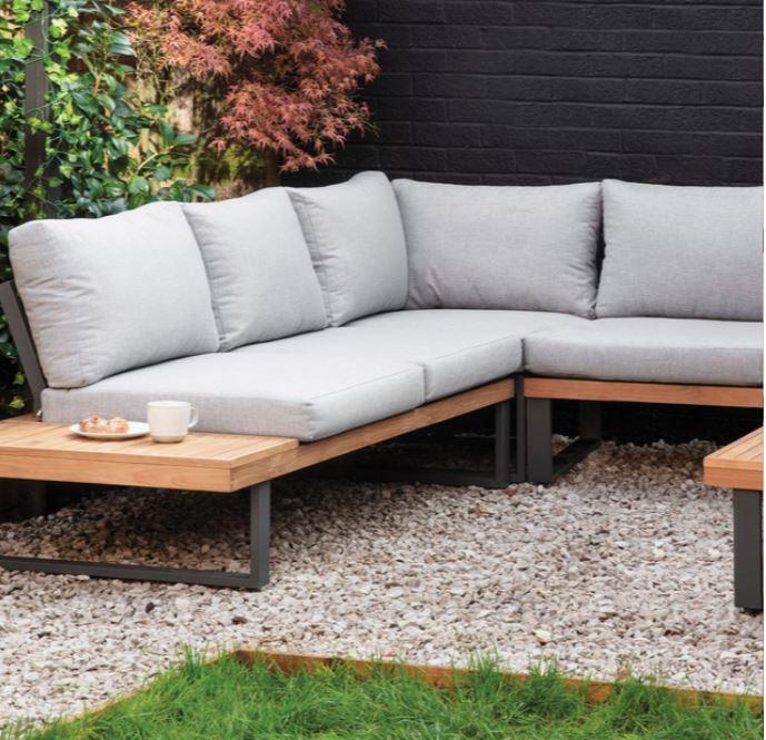teak garden sofa corner compact lounge set with grey cushions