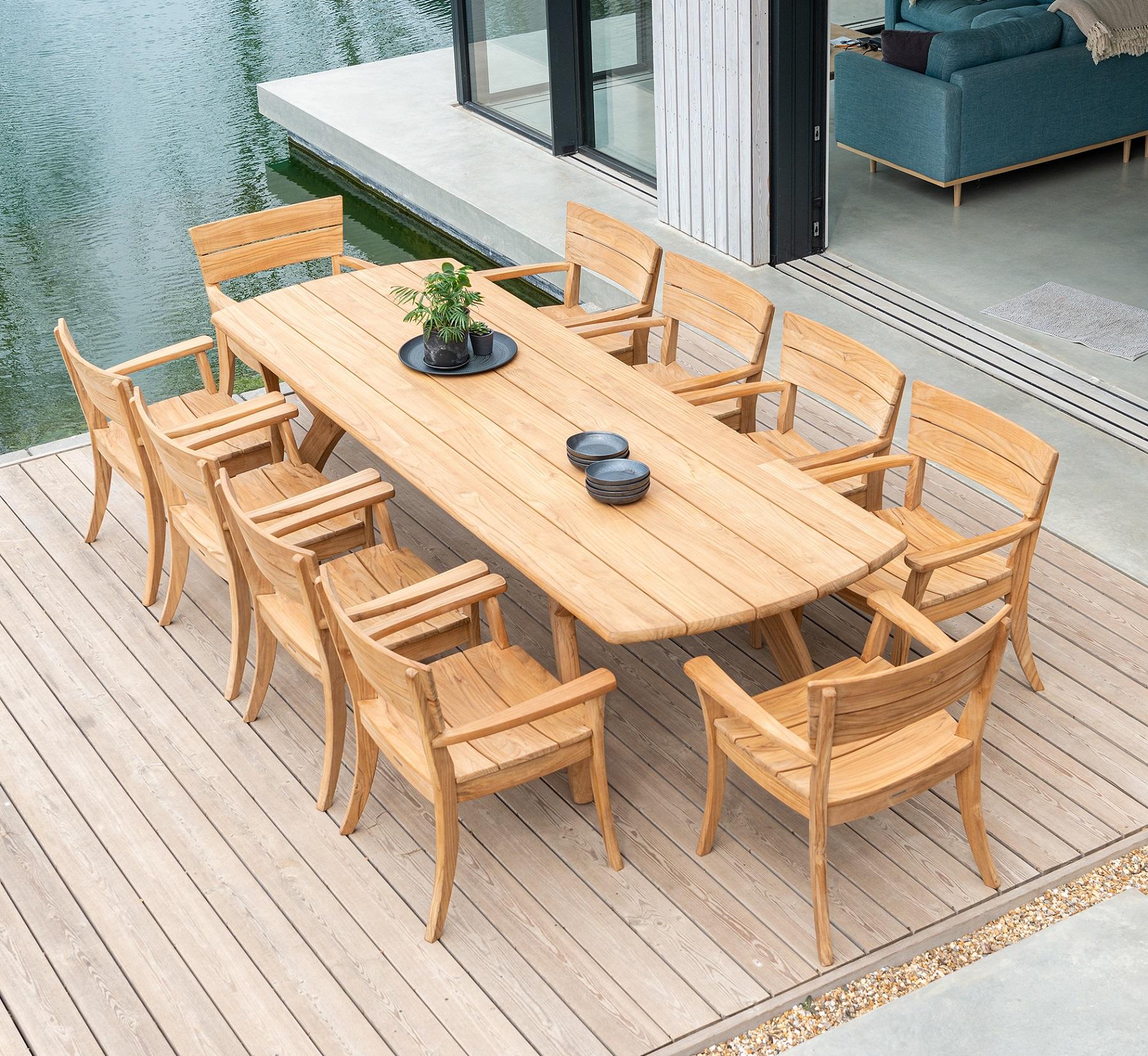 teak 3 m garden dining table and 10 teak dining chairs for patio furniture