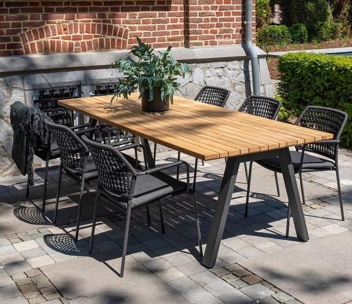solid teak table top aluminium legs and grey modern knotted rope weave garden dining chairs