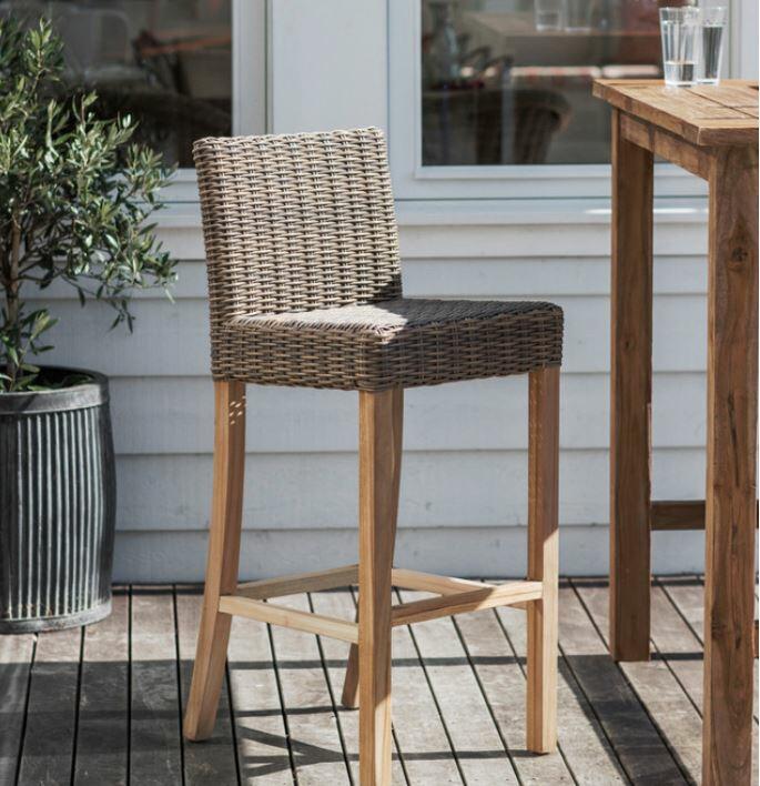 rattan garden high bar dining chair in all weather rattan with solid teak legs for outdoor indoor use