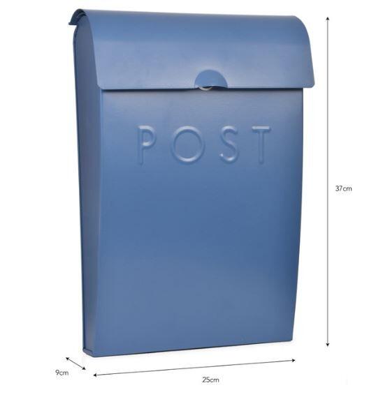 blue post box letterbox modern painted metal outdoor front door use with lid and key