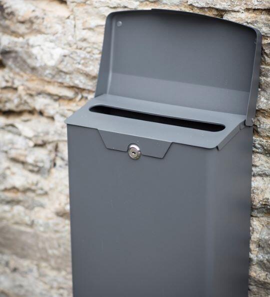 charcoal grey powder coated steel metal wall hung outdoor postbox