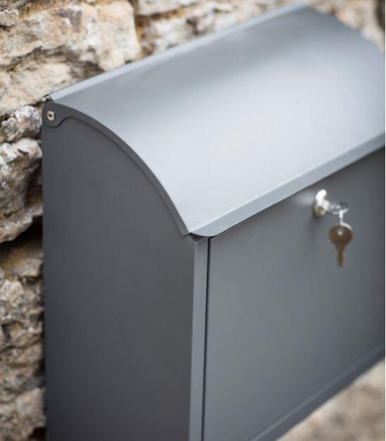 large post box in charcoal steel metal with front and top opening for large letters and small parcels