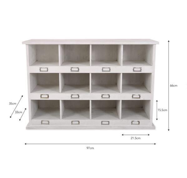dimensions of white washed indoor 12 pair shoe locker storage unit for hallways porches and bootrooms