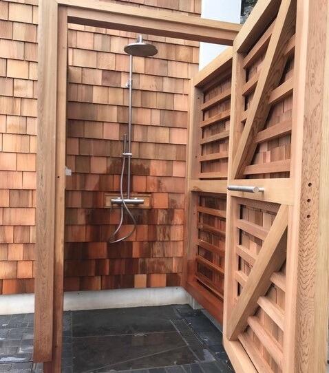 wall mounted garden shower outdoor stainless steel marine grade in wooden cubicle