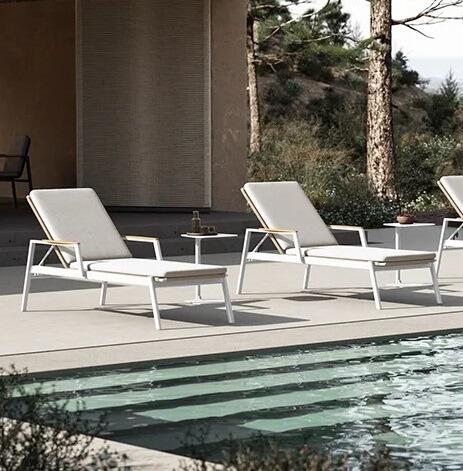 white and natural modern mix sun lounger with rattan weave checkered back, aluminium frame and all weather fabric cushions for garden and pools and spa