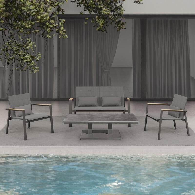 modern grey metal and sling garden sofa and armchairs aluminium and sling all weather fabric carbon and charcoal