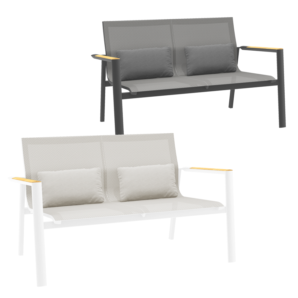 grey and white modern garden lounge sofa bench metal aluminium and sling fabric fully weatherproof aspen