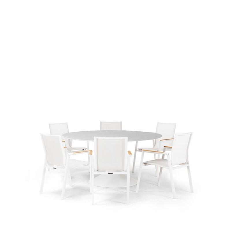 6 seater white aluminium round modern garden dining table with all weather sling fabric dining chairs sphere and aspen