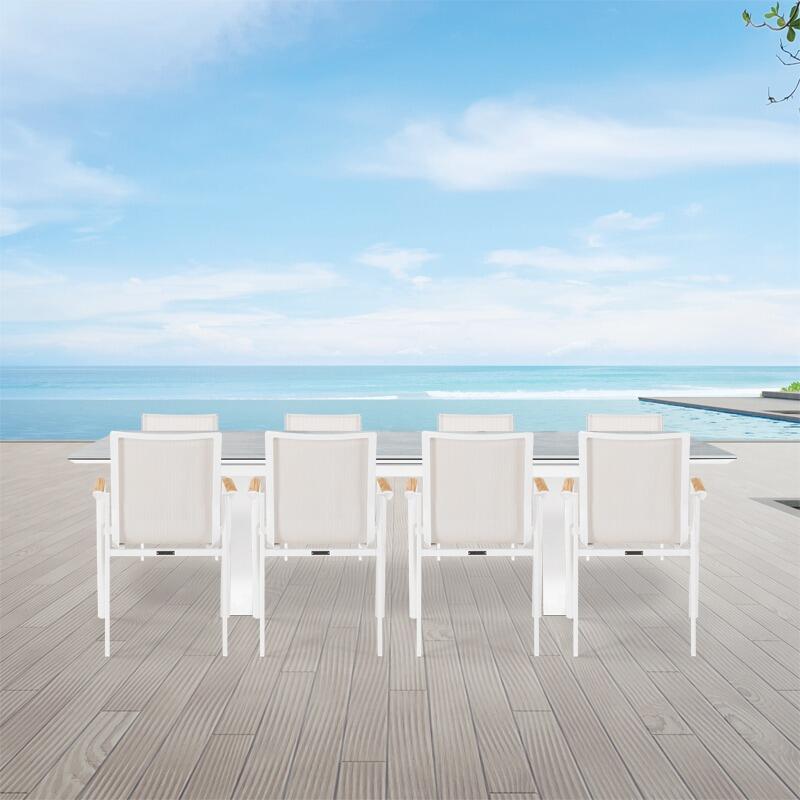 8 seater sling garden dining chairs white and sand with ceramic large extending linear garden dining table