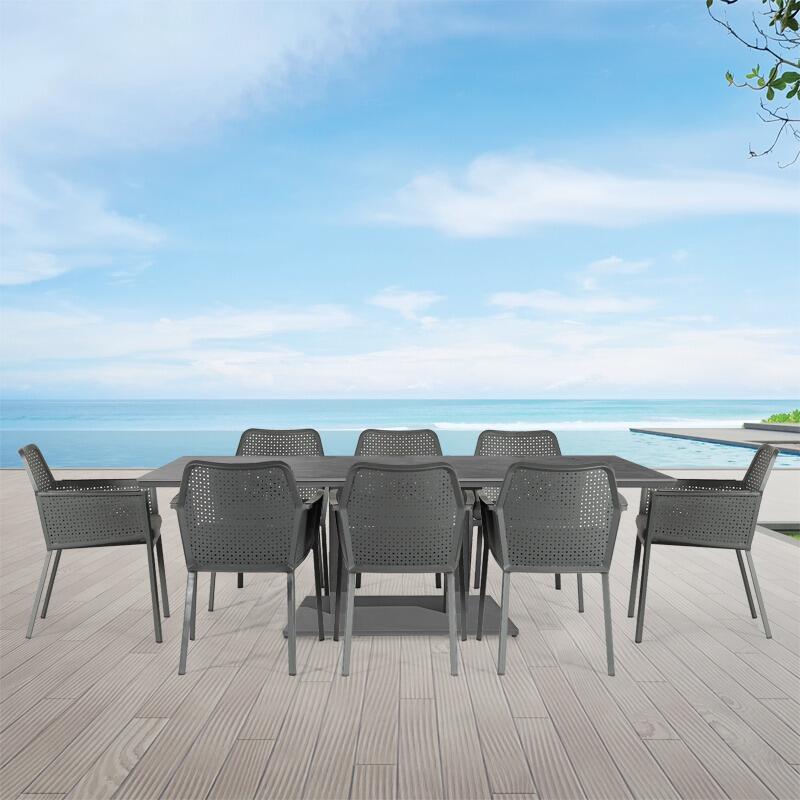 8 seater garden dining table and chairs mesh aluminium grey all weather patio set ceramic top