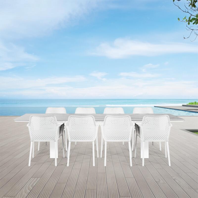 white aluminium extending garden dining table with 8 seater metal mesh garden dining chairs matrix linear