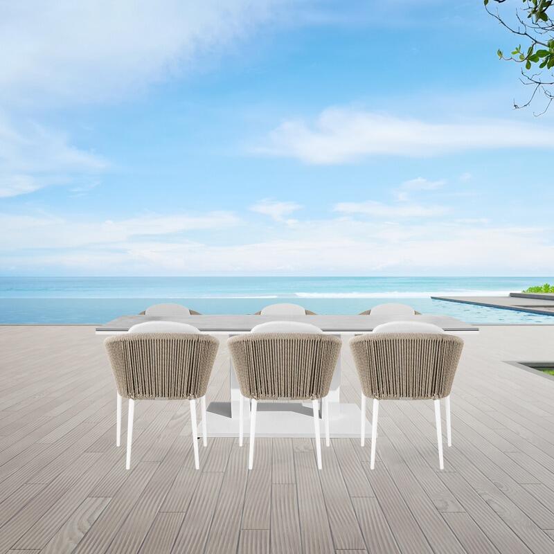 6 seater modern garden dining furniture patio set white aluminium and modern natural wicker chairs all weather cushions