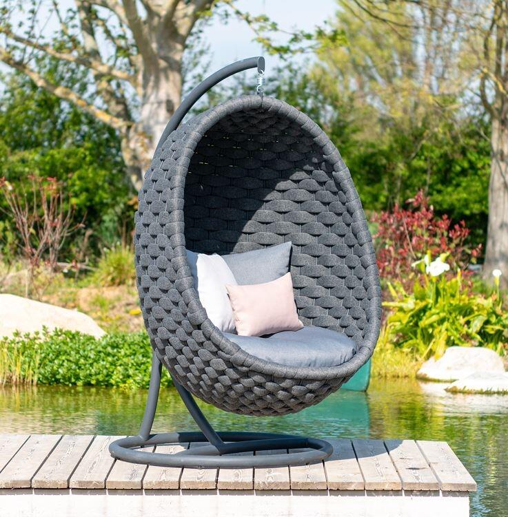 garden hanging chair in all weather wide rope weave dark grey with agora cushions outdoor patio use