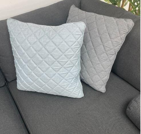 light grey and blue outdoor garden scatter cushions all weather sunbrella fabric