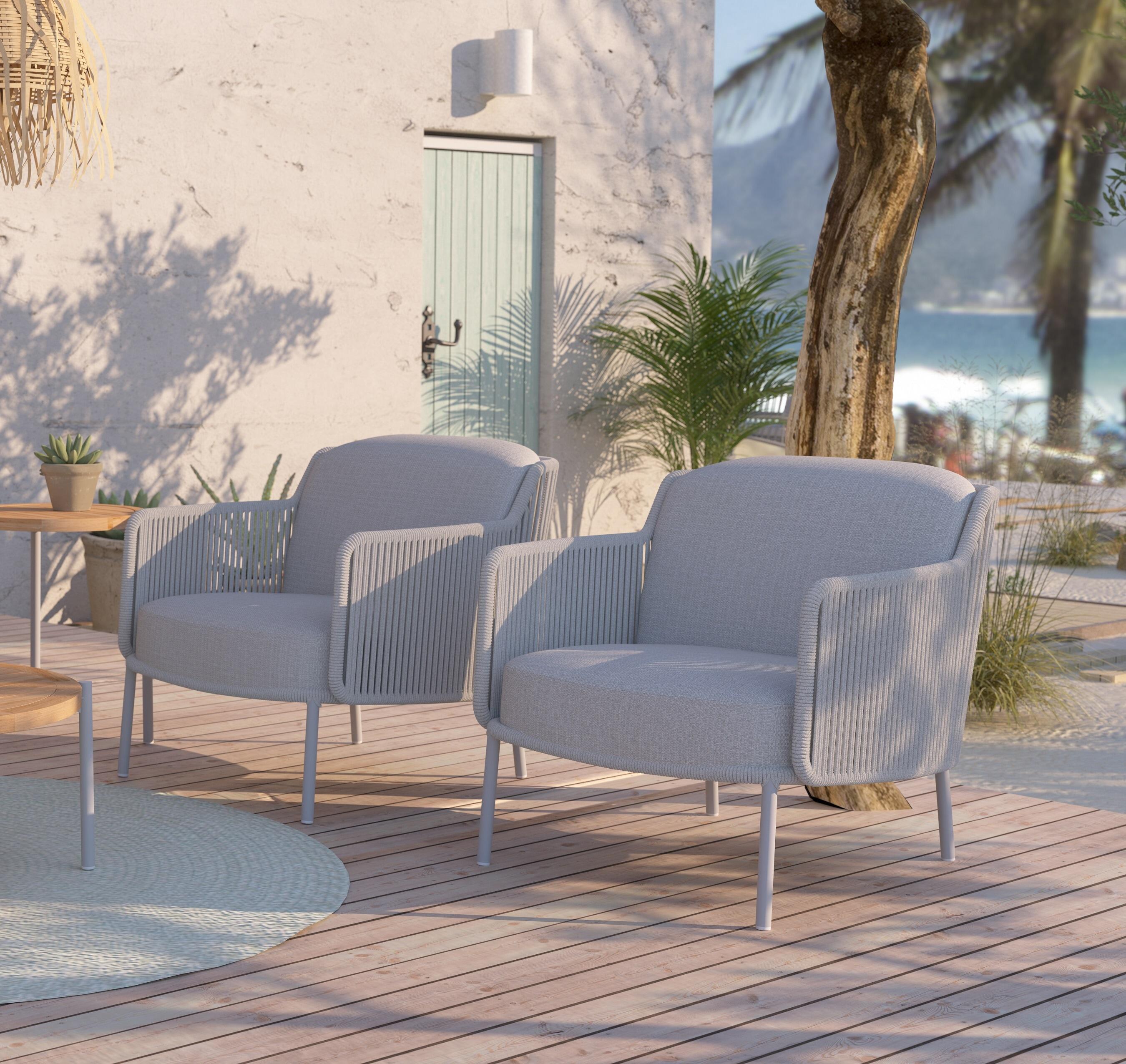 garden armchairs lounge chairs all weather cushions and rope weave in soft grey aluminium frames