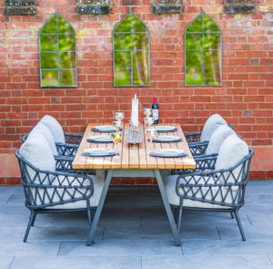 low garden dining set rope weave all weather grey and large teak modern table patio outdoor furniture calpi