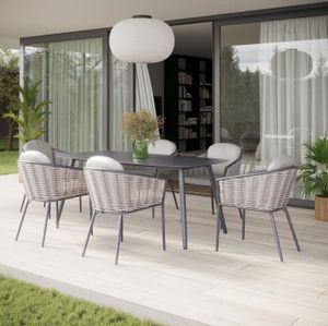 garden dining table grey aluminium metal and light grey rattan all weather patio dining chairs 6 seater pavilion