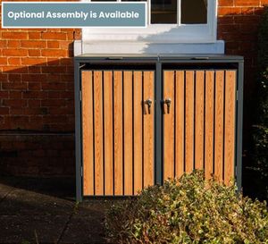 double wheelie bin cover house in grey galvanised steel with wood effect doors