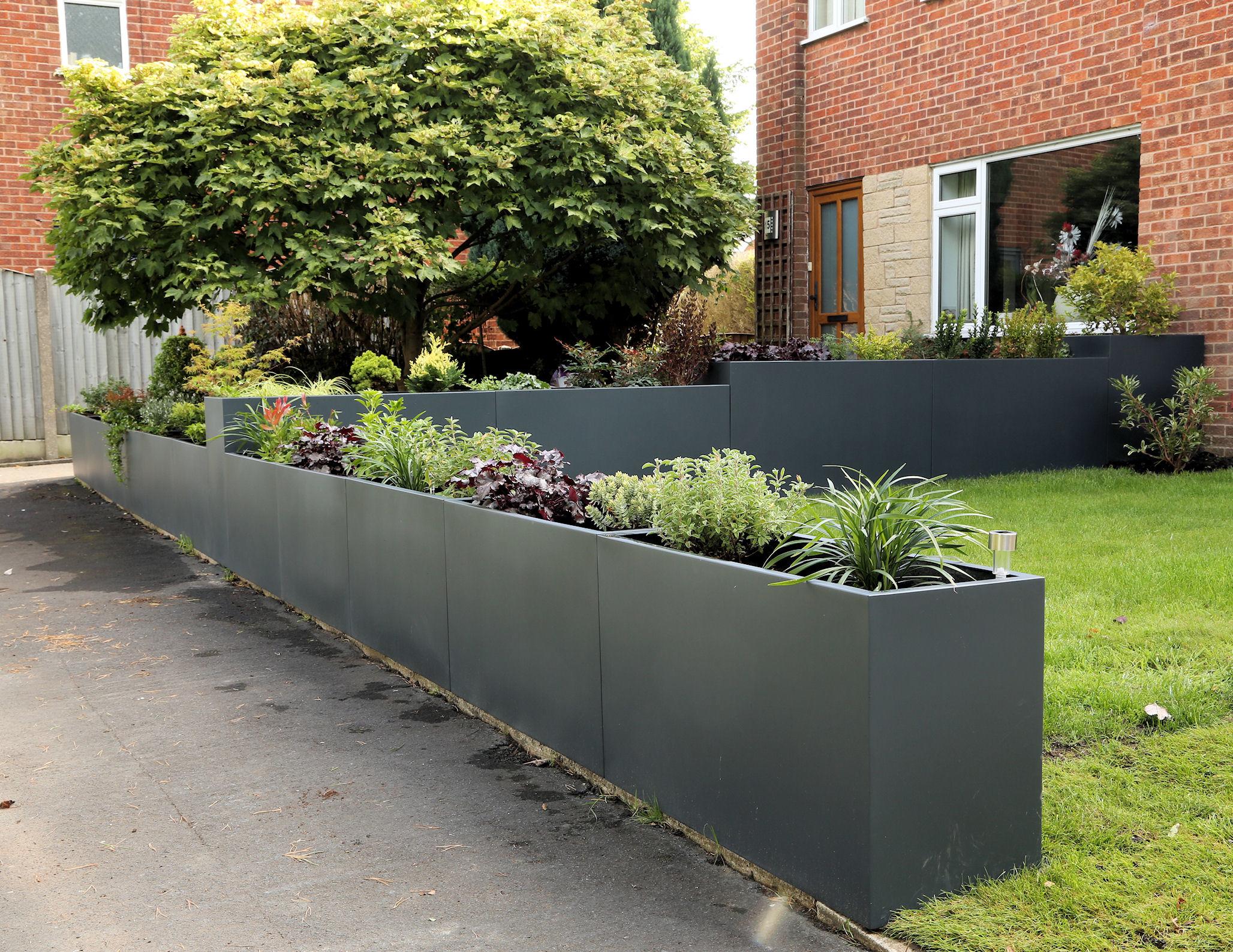 grey modern garden fibreglass trough planters outdoor use