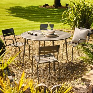 metal dining set round patio table in grey modern outdoor steel all weather oslo set