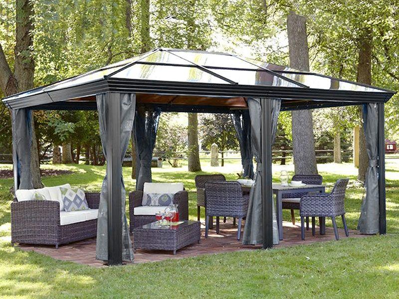 large garden gazebo curtains grey and aluminium frame and polycarbonate roofs